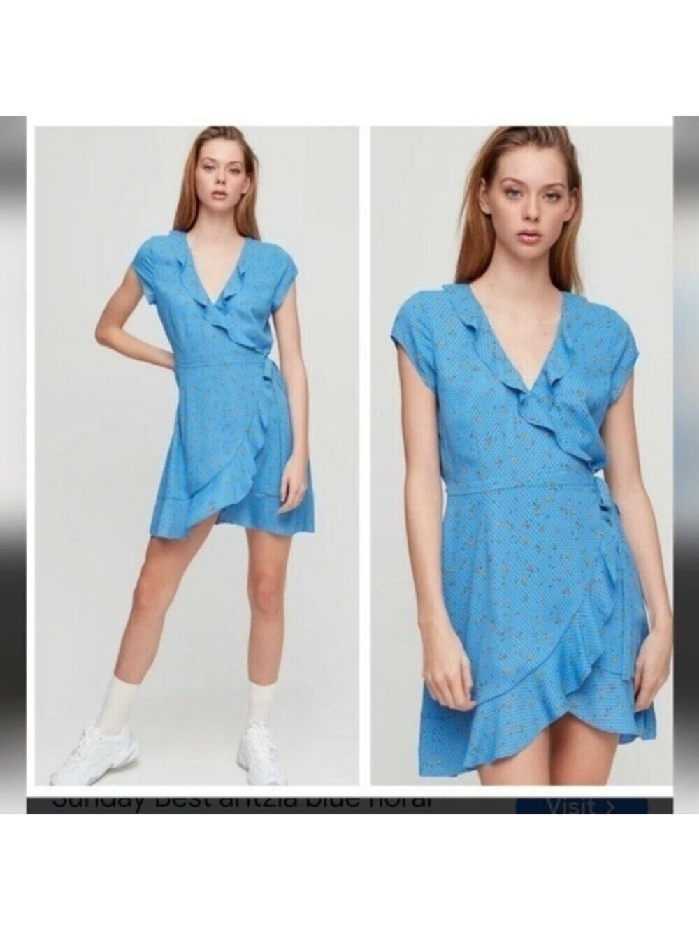 ARITZIA | Sunday Best blue floral savoy ruffle short sleeve wrap dress sz 0